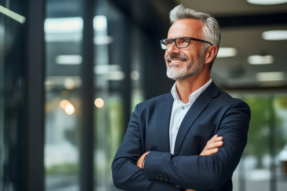 happy proud prosperous mid aged mature professional business man ceo executive wearing suit standing in office arms crossed looking away thinking of success, leadership, side profile view