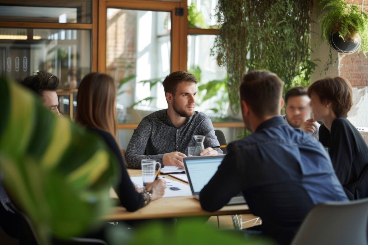 corporate business photography of a man leading a startup team meeting, generative ai